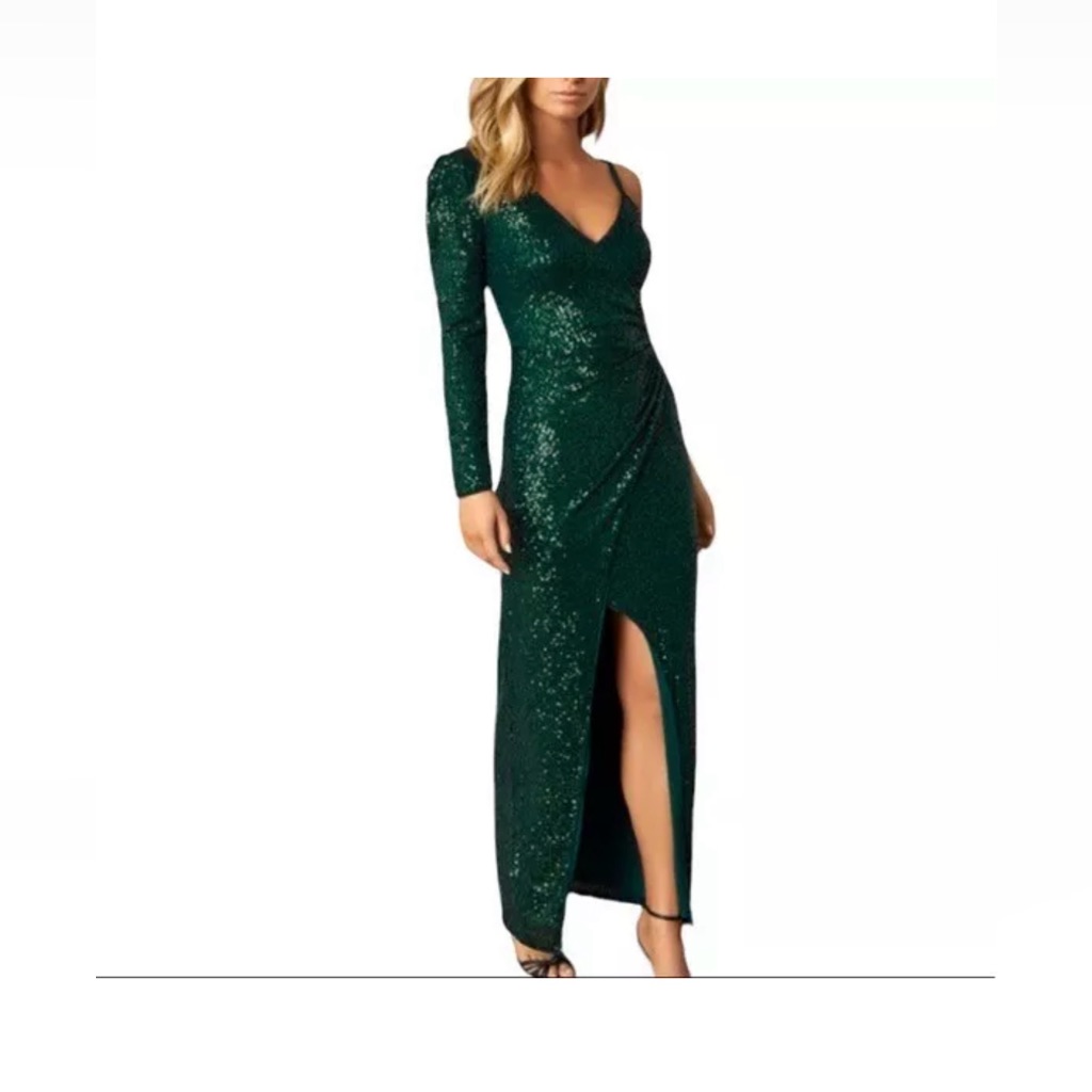 Bcbgmaxazria Fern Green One-Sleeve Ruched Sequin Dress Size Xxs